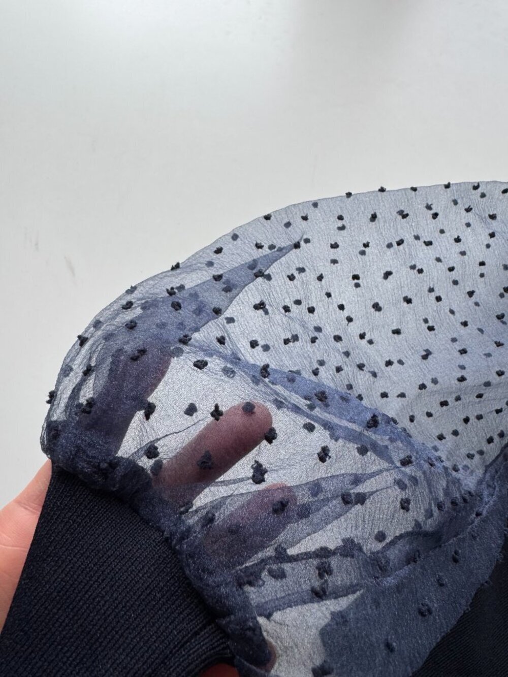 NWT ZARA Navy Blue Ribbed Knit Flocked Dot Organza Puff Sleeve Top, Size S - Picture 12 of 16